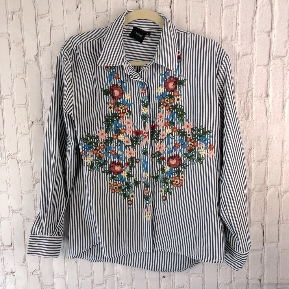 Cliche white and blue striped button down with floral embroidery size small